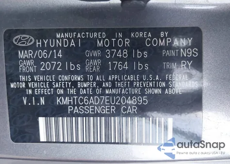 2014 Hyundai Veloster Base W/Black z USA, uszkodzony, nr VIN KMHTC6AD7EU204895